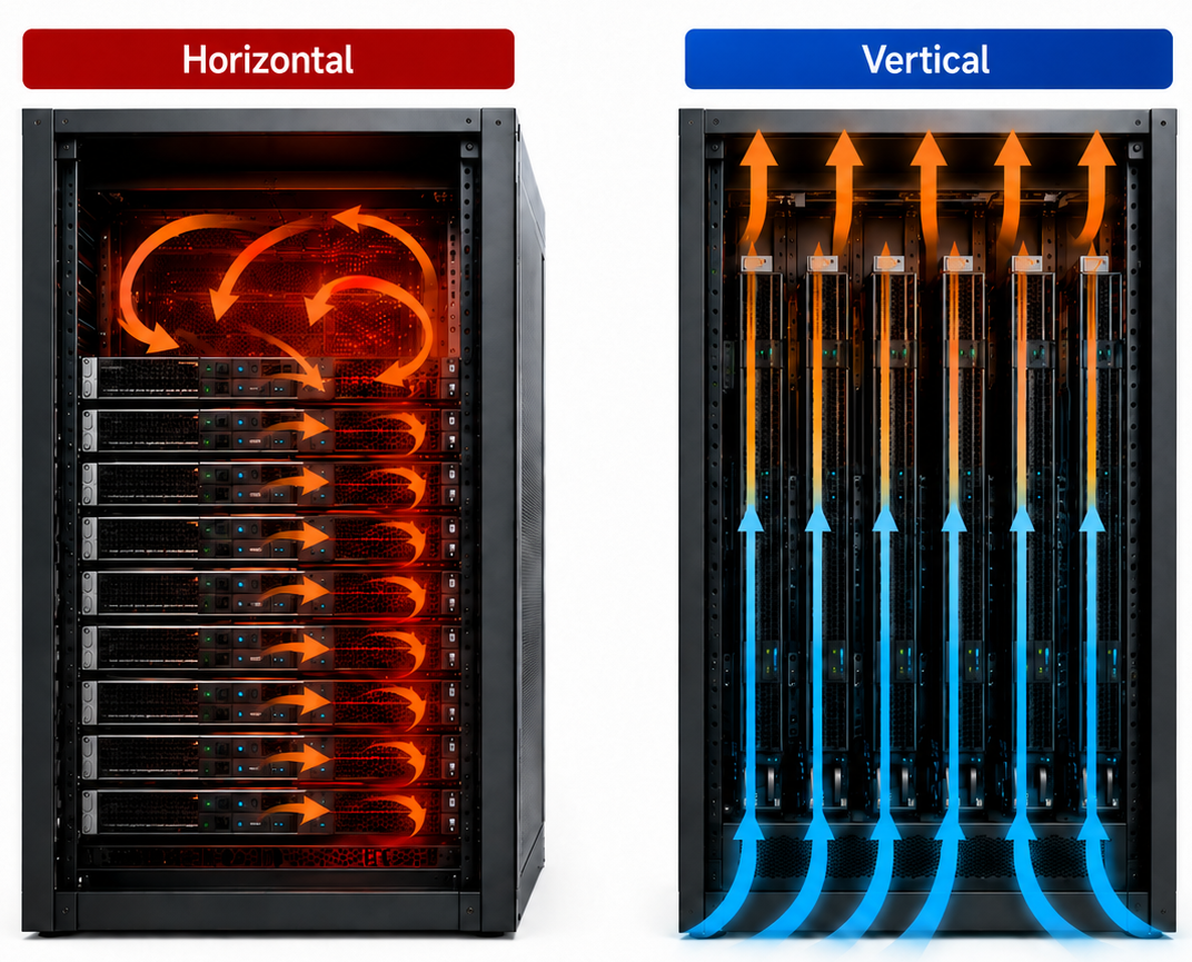 Side-by-side comparison: horizontal server placement traps heat in circular patterns; vertical placement channels cool air straight up through all servers